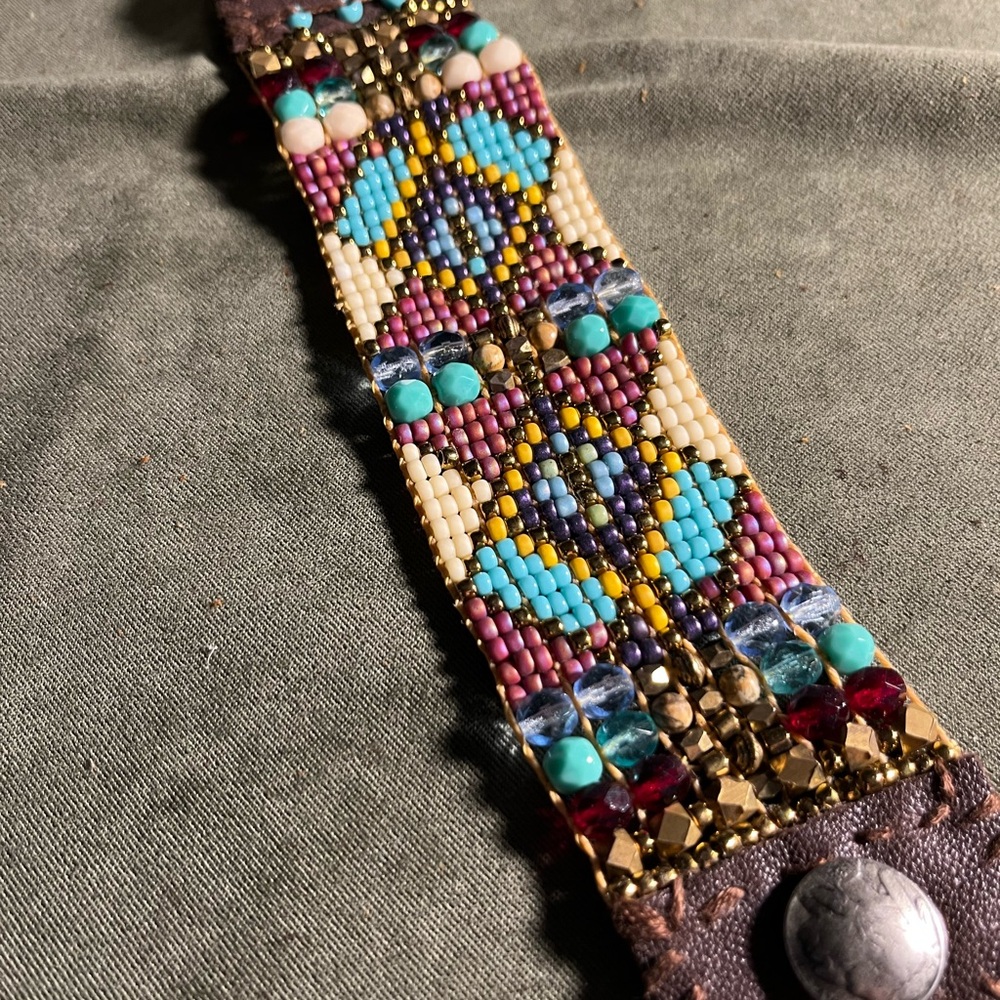 Beaded boho leather cuff bracelet - Picture 2 of 4